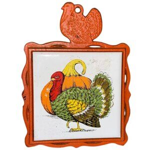 Vintage Orange Pumpkin Turkey Thanksgiving Ceramic Tile Cast Iron Trivet